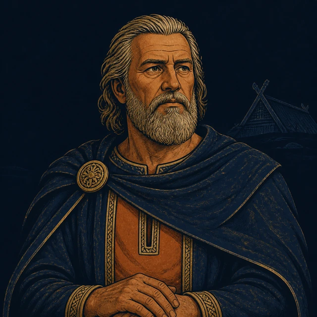 Svafnir, an older king in a deep-blue mantle.