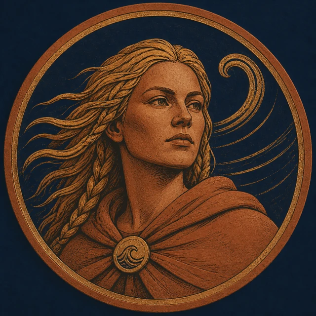 Svava, a woman with a worn-gold wave mark on deep navy.