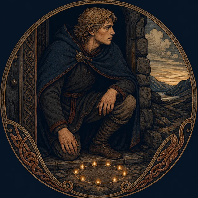 Svipdag in an indigo cloak at a stone threshold, with nine unlettered golden lights at his feet.