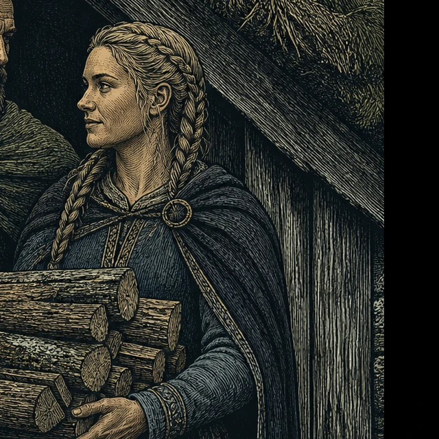 Thir, a household figure carrying firewood with Thrall before a turf-roofed home.