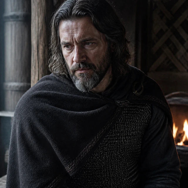 Thjothrek, a grief-worn Gothic king in a dim timber hall.