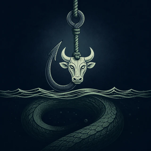 Norse Lichen iron editorial illustration of Thor Fishing for the Serpent for the atlas detail view.