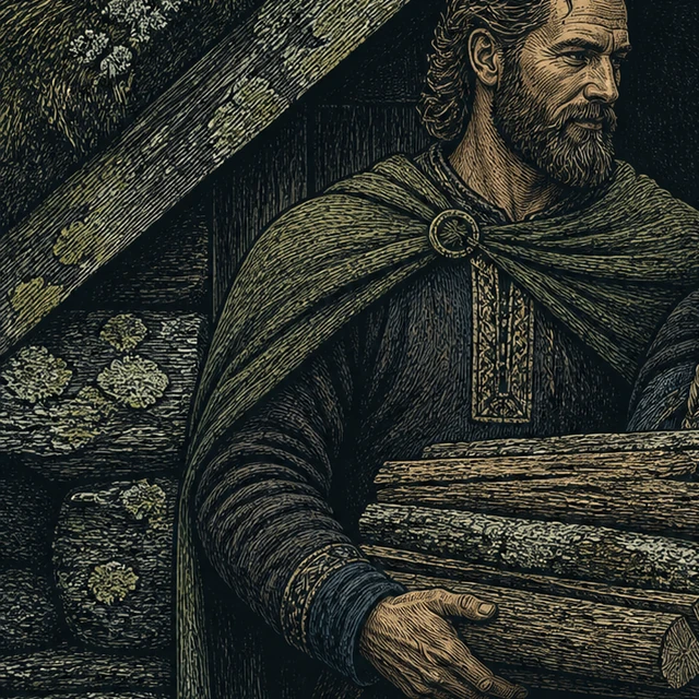 Thrall, a household figure carrying firewood before a turf-roofed home.