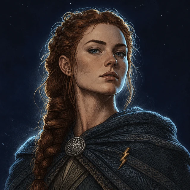 Thrud, a young deity in midnight indigo with a blue-grey woven cloak and gold lightning brooch.