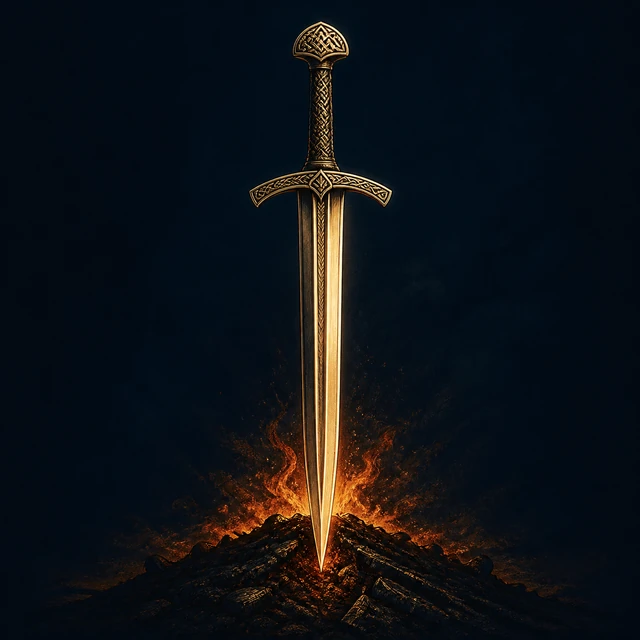 Tyrfing, a narrow gold-edged sword above a burning burial mound.
