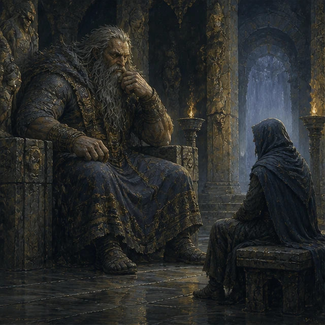 Vafthruthnir, a contemplative giant in a stone hall facing a hooded traveller.