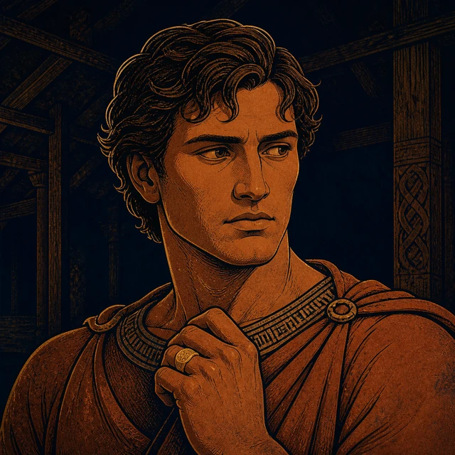 Vilmund, a guarded young man with a gold ring.