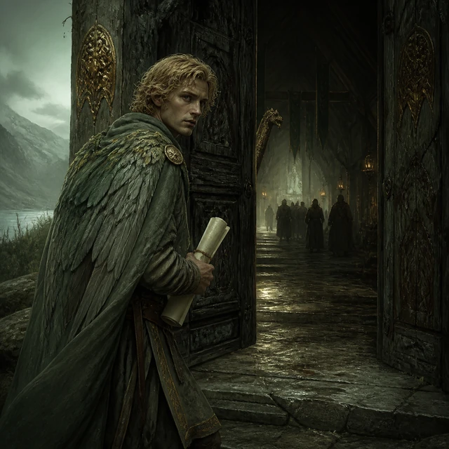 Vingi, a tense messenger holding a sealed message at a great-hall gate.