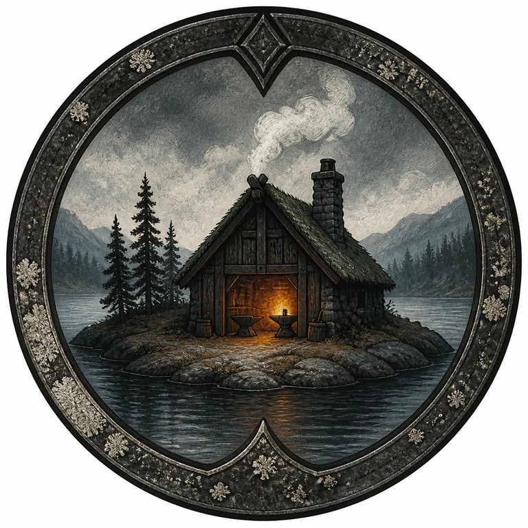 Norse-style detail illustration of Volund's Island Workshop.