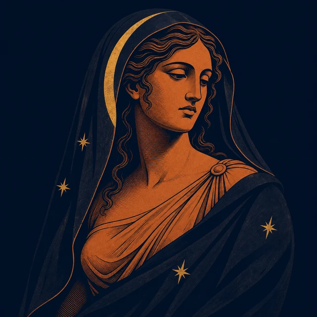MythWeave original portrait of Nyx as a solemn terracotta-and-gold night goddess with a starry veil and crescent arc