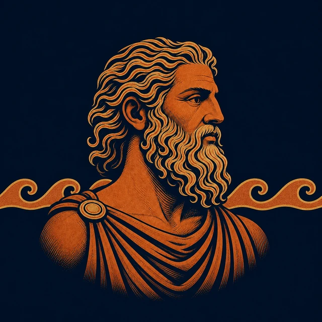 MythWeave original portrait of Oceanus as a mature terracotta-and-gold river god encircled by one continuous wave band
