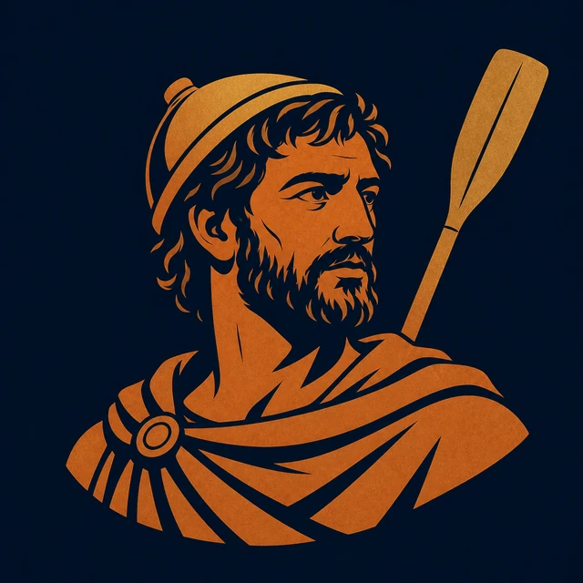 MythWeave original portrait of Odysseus as a terracotta-and-gold sea-worn traveller with a pilos cap and oar