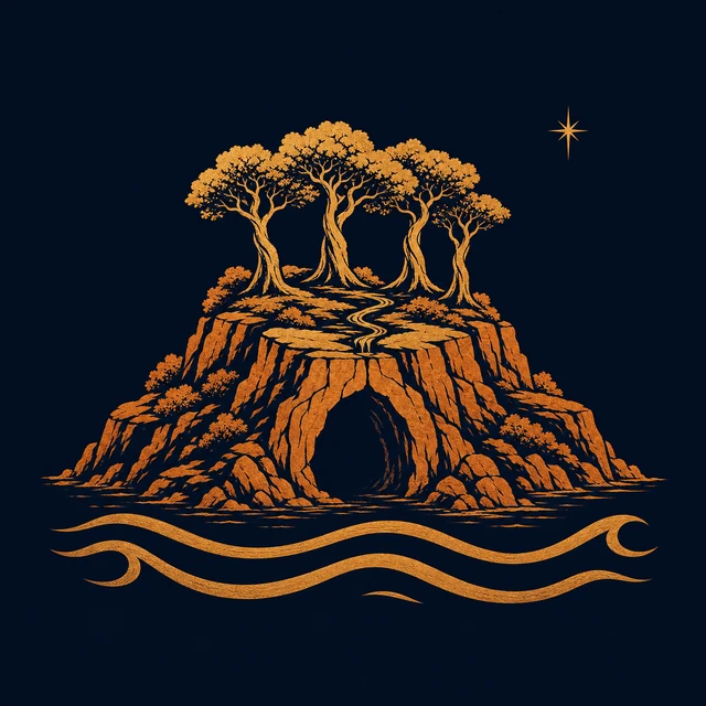 MythWeave original place emblem of Ogygia as a terracotta isolated island with a high sea cave, four sacred trees, spring and distant star