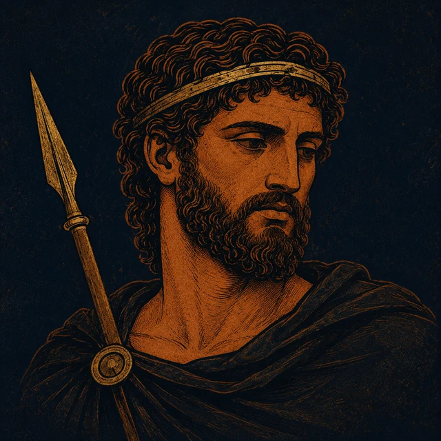 MythWeave original portrait of Orion as a dead heroic hunter among the shades in Odyssey Book 11, with terracotta hunter face, dark meadow-shadow cloak and restrained worn-gold hunting spear on deep navy.