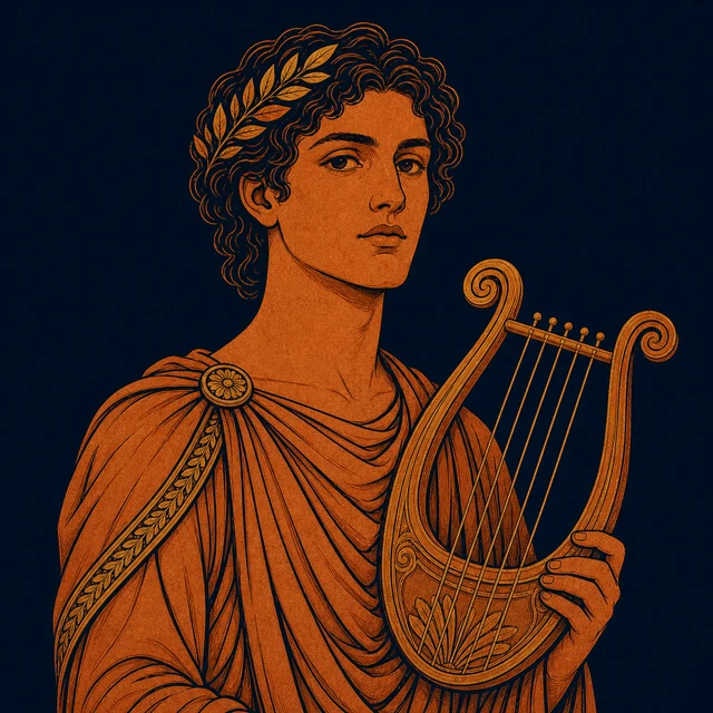 MythWeave original pottery-line illustration of Orpheus holding a seven-string lyre