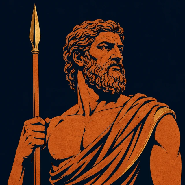 MythWeave original portrait of Pallas the Titan with a plain spear and four-point family star, distinct from Athena