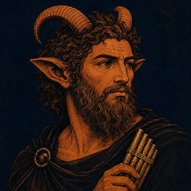 MythWeave original portrait of Pan as a wild pastoral god with terracotta horned face, goat ears and a restrained worn-gold reed pipe on deep navy