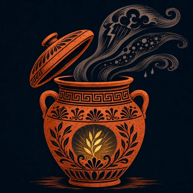 MythWeave original Pandora's Jar image with three dark trouble-ribbons escaping a great Greek pithos while one small gold light remains inside