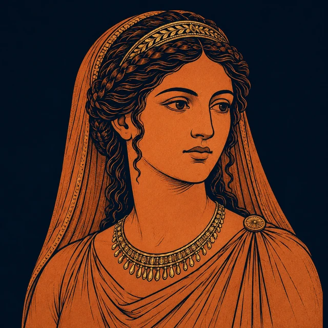 MythWeave original portrait of Pandora as a dignified adult woman with braided hair, a narrow diadem, woven veil and gifted necklace