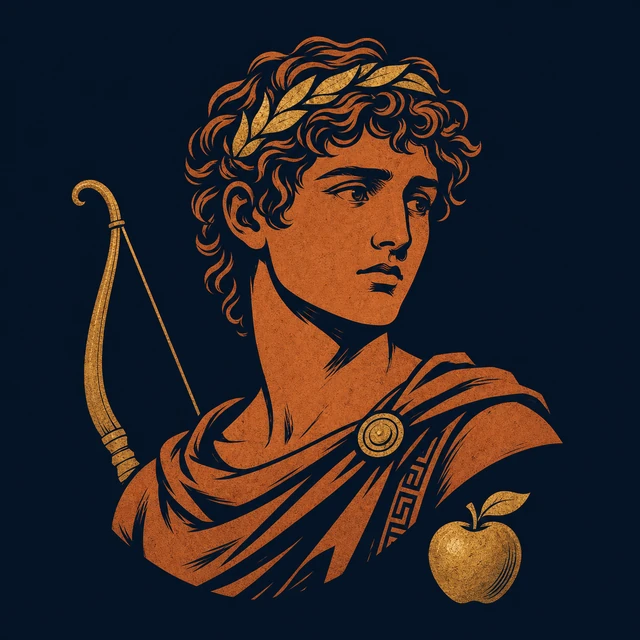 MythWeave original portrait of Paris as a youthful terracotta-and-gold Trojan archer with a bow and conventional prize-apple symbol