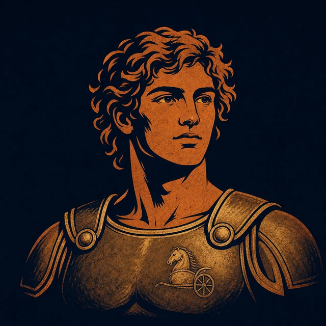 MythWeave original portrait of Patroclus as Achilles' young terracotta-and-gold companion in plain borrowed armour