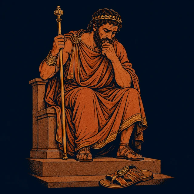 MythWeave original pottery-line illustration of Pelias staring at the single sandal on his palace step