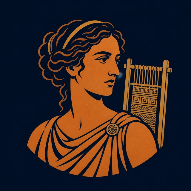 MythWeave original portrait of Penelope as a calm terracotta-and-gold profile beside her loom