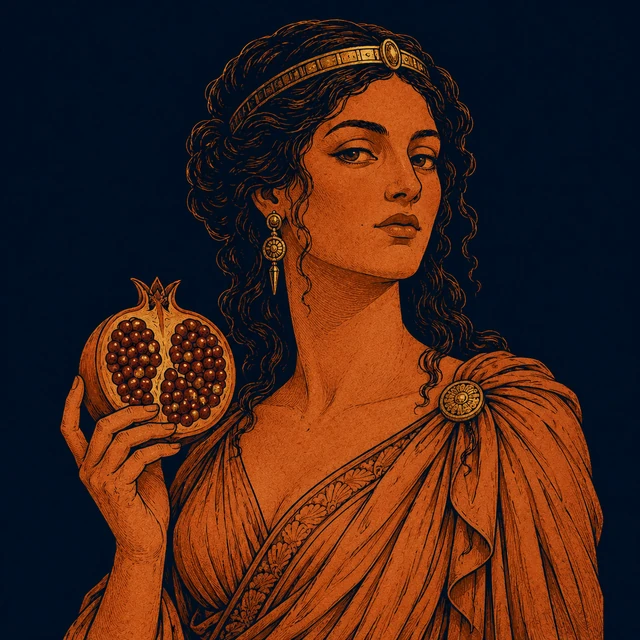 MythWeave original portrait of Persephone as a mature underworld queen wearing a narrow gold circlet and holding a split pomegranate near her shoulder