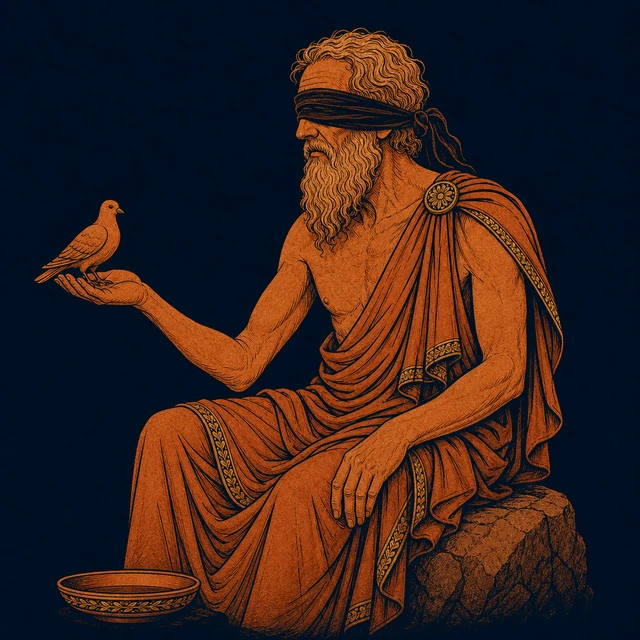 MythWeave original pottery-line illustration of the blind seer Phineus holding a dove
