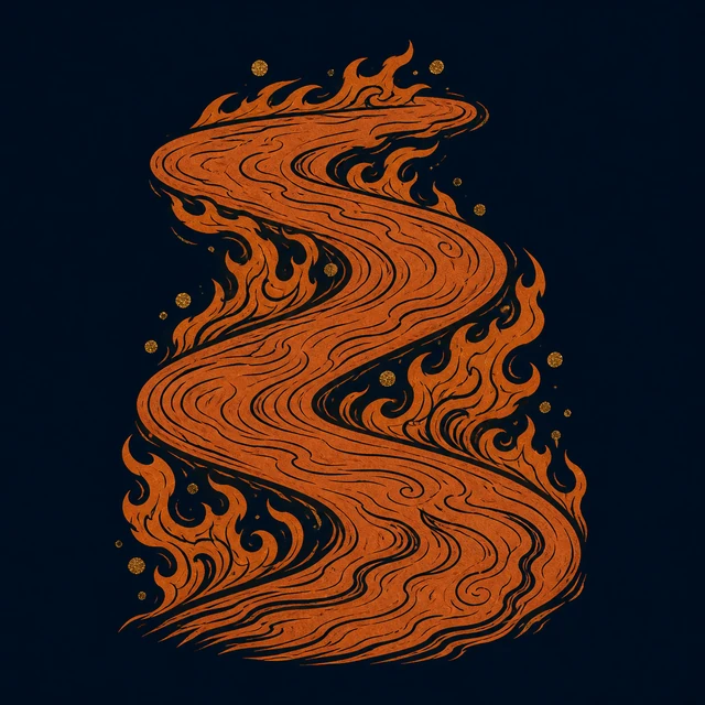 MythWeave original pottery-line illustration of Pyriphlegethon as a terracotta current interwoven with stylized flames