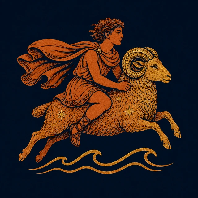 MythWeave original pottery-line illustration of Phrixus riding the golden ram over the sea