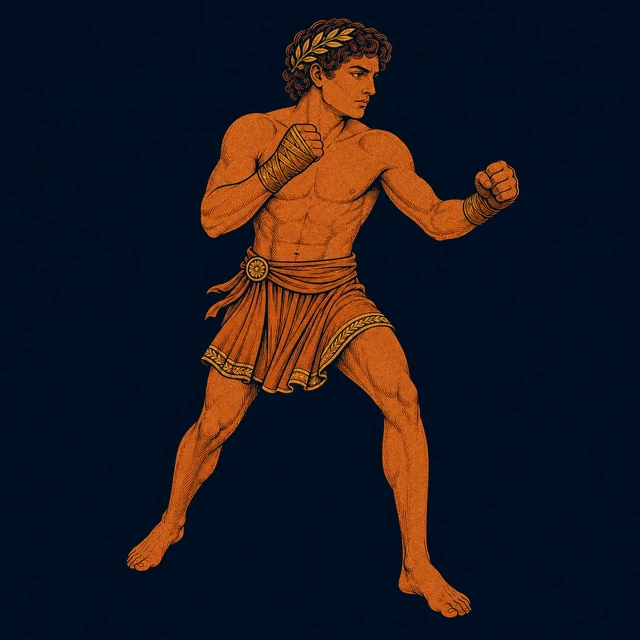 MythWeave original pottery-line illustration of Polydeuces advancing with leather-wrapped fists