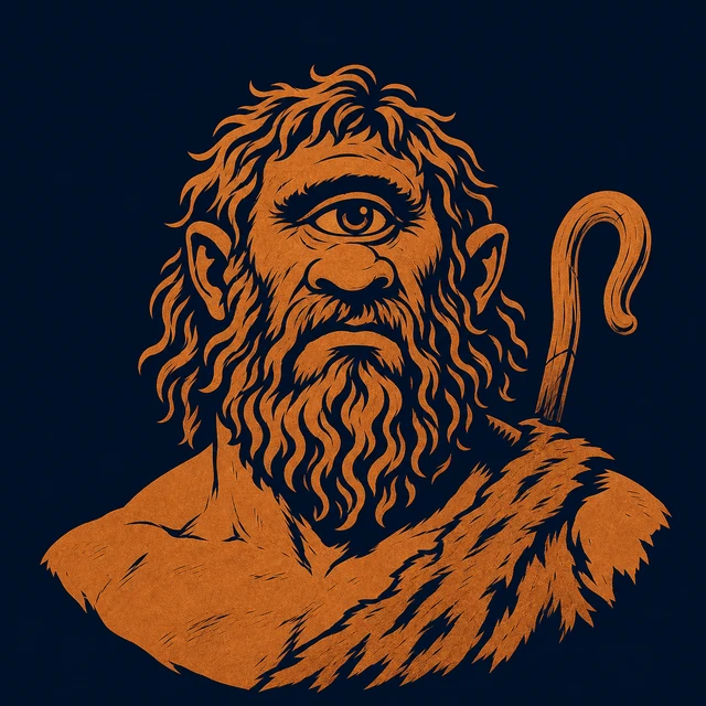 MythWeave original portrait of Polyphemus as a monumental terracotta Cyclops with a shepherd's staff
