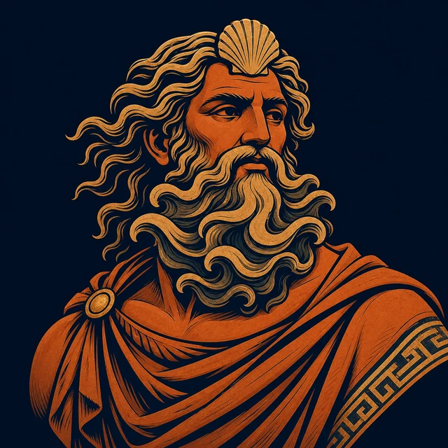 MythWeave original portrait of Pontus as an ancient terracotta-and-gold sea god with a wave-shaped beard and shell crest