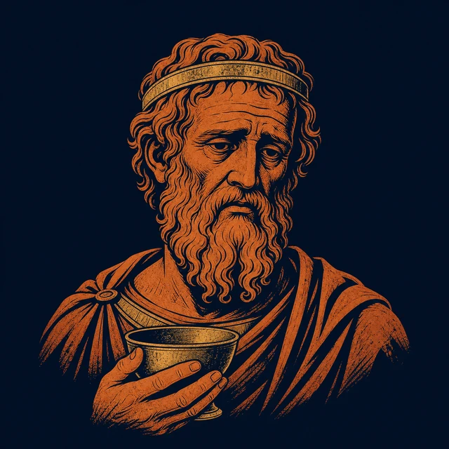 MythWeave original portrait of Priam as the elderly terracotta-and-gold king of Troy with a plain staff