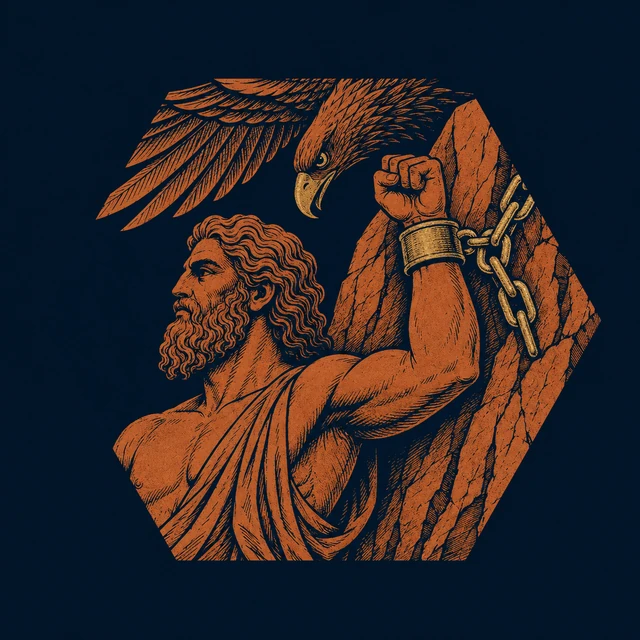 MythWeave original Prometheus Bound image with the Titan chained by one wrist to a rock as a single eagle approaches from above