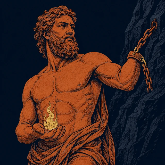 MythWeave original pottery-line illustration of bound Prometheus sheltering a small golden flame