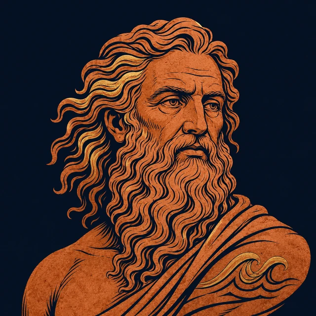 MythWeave original portrait of Proteus as an old sea god with wave-cut beard lines and a small seal cue on deep navy
