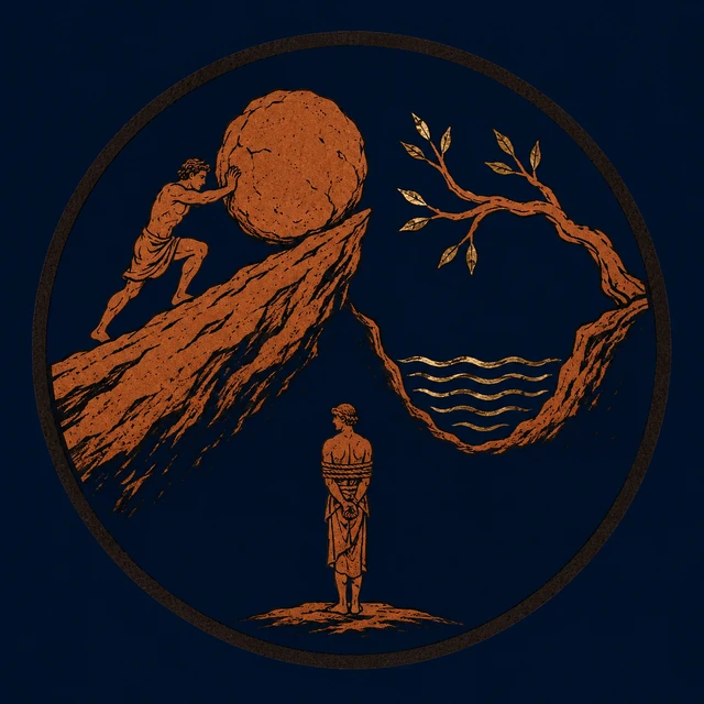 MythWeave original event image of Punishments in Hades, with three terracotta consequence motifs: an upward stone, unreachable water below a branch and a distant bound figure shape with restrained worn-gold accents.