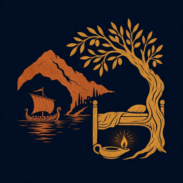 MythWeave original event emblem for the Return to Ithaca with a returning ship, mountain harbour, olive-tree marriage bed and home lamp