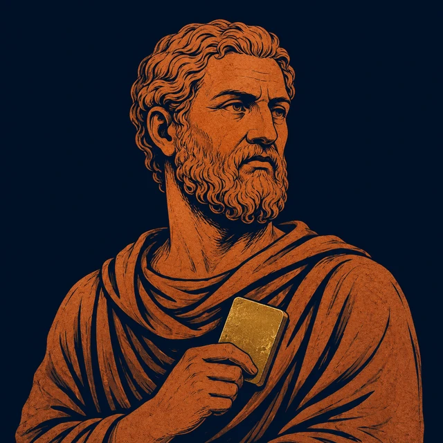 MythWeave original portrait of Rhadamanthus as an austere judge linked to Elysium and judgement of the dead, with terracotta mature face, plain dark judge's cloak and restrained worn-gold judgment tablet on deep navy.