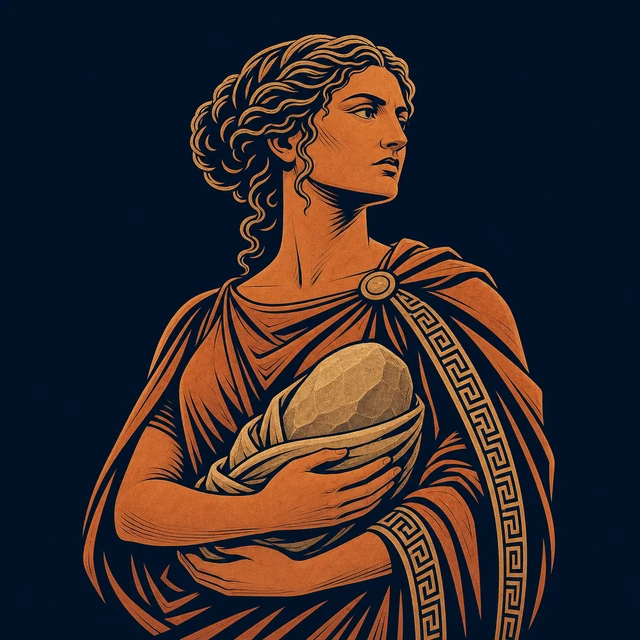 MythWeave original portrait of Rhea as a resolute terracotta-and-gold Titan mother holding one wrapped stone