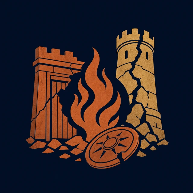 MythWeave original event emblem for the Sack of Troy with a broken gate, fractured tower, flame and fallen shield