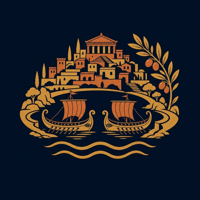 MythWeave original place emblem of Scheria as a terracotta harbour with two sleek ships, terraced hill city and orchard branch
