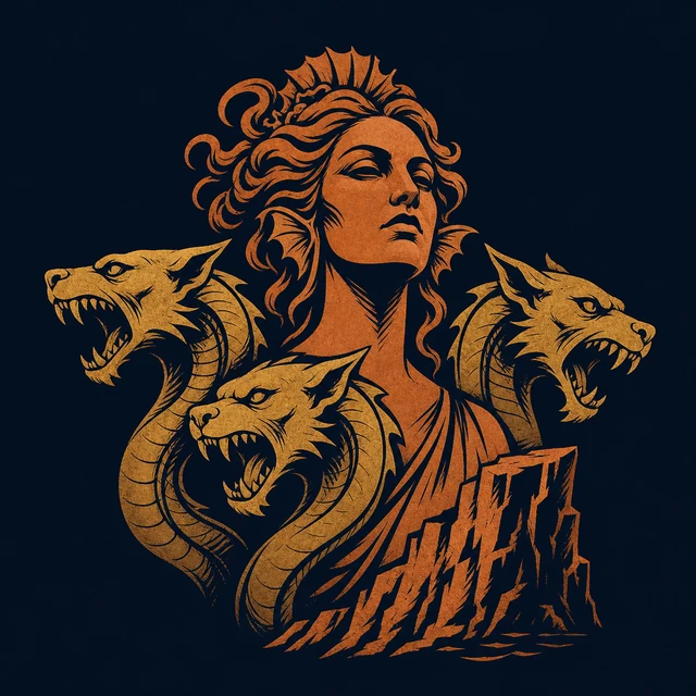 MythWeave original creature portrait of Scylla as a terracotta female silhouette encircled by three serpentine hound necks and a jagged cliff