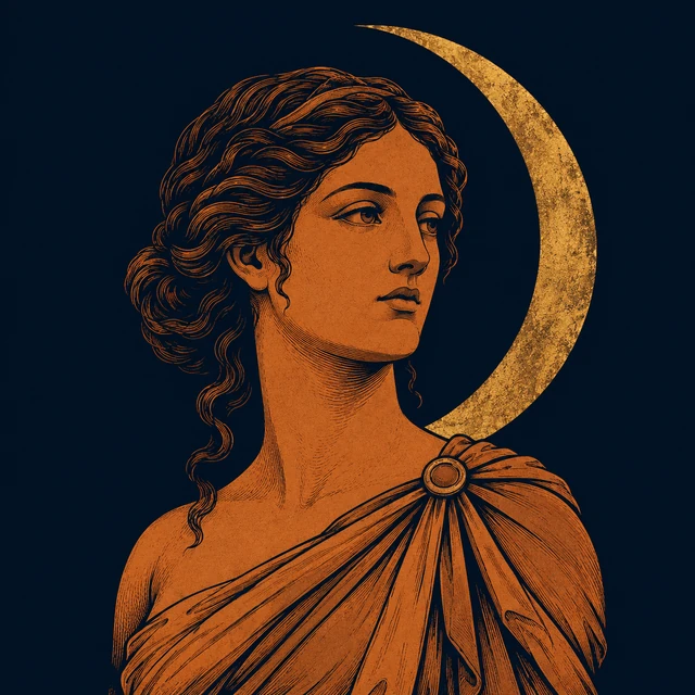 MythWeave original portrait of Selene as a terracotta Moon goddess with a restrained worn-gold crescent moon on deep navy