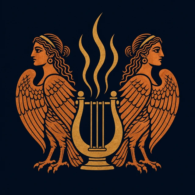 MythWeave original creature emblem of two terracotta bird-bodied Sirens arranged around a gold lyre and rising song waves
