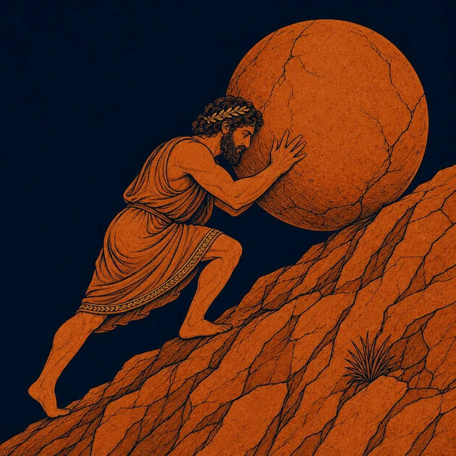 MythWeave original pottery-line illustration of Sisyphus pushing one monumental boulder uphill