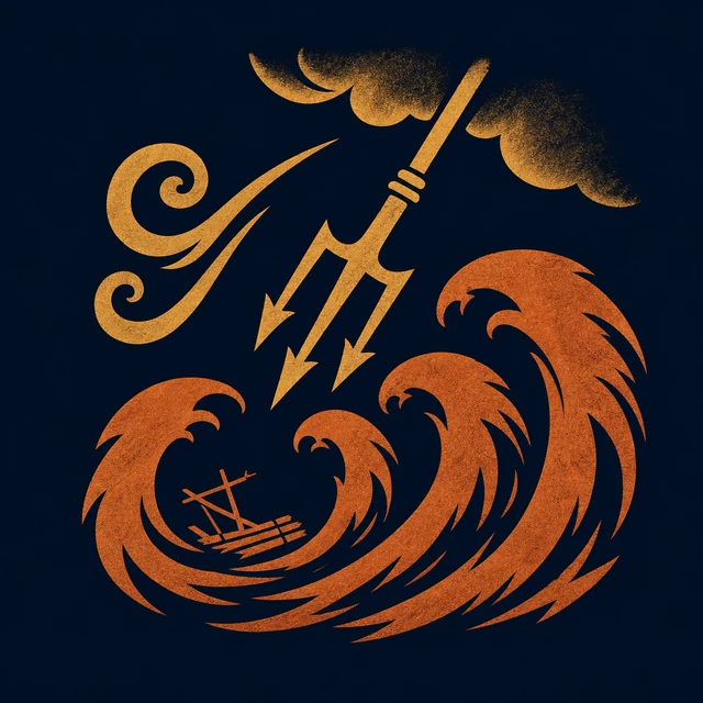 MythWeave original event emblem for Poseidon's Storm with a descending gold trident, split wind spiral, three terracotta wave crests and tiny raft