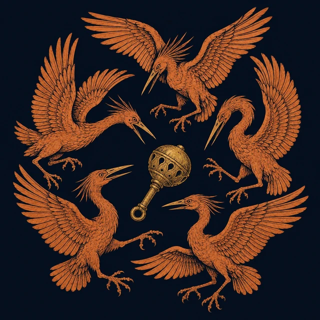MythWeave 原創陶繪線稿風插圖:五隻斯廷法洛斯怪鳥繞著金色青銅響器飛行